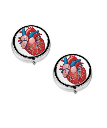 (Human Anatomy Heart Chart) Round Pill Box 3 Compartment Pill Box Mini Decorative Pocket Purse Portable Travel Medicine Tablet Vitamin Holder Organizer Pill Case