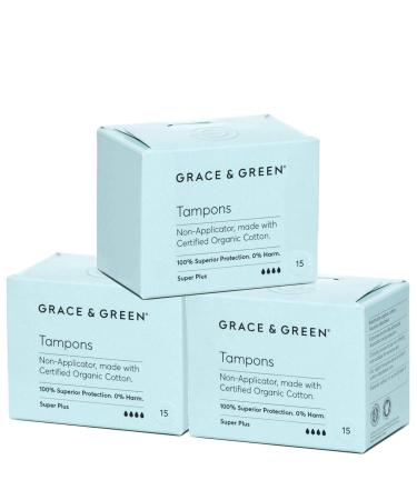 Grace & Green - Organic Tampons - Non-Applicator - Size: Super Plus - Made with Organic Cotton - 100% Free from Plastic - 45x Super Plus Tampons Super Plus 45 Tampons