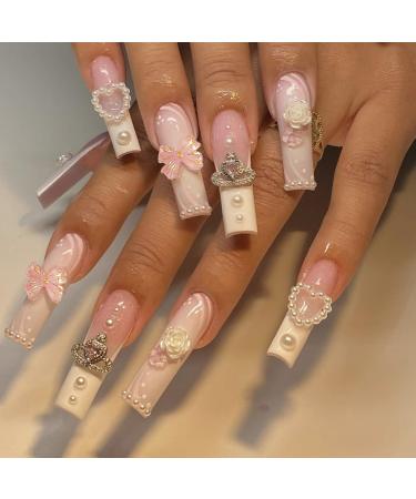 24 Pcs Press on Nails Long Square Fake Nails French False Nail Tips Glossy Pink Acrylic Nails Full Cover Pearls Charms Rhinestones Design Glue on Nails for Women and Girls butterfly pearl charms