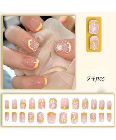 French Tip Press on Nails - Short Square Yellow Lemon Fake Nails | Glossy Reusable Coffin Designs | 24 Pcs Full Cover Acrylic Nails for Women & Girls - Buy Online on GoSupps.com