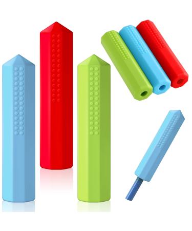6 Pieces Sensory Chew Pencil Toppers Set Chewable Pencil Toppers Autism Chew Toys for Sensory Kids Boys and Girls, Oral Motor Needs(Red, Blue, Green)