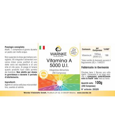 Buy Vitamin A 5000 I.E - High Dose Vegan Tablets - 1500 g Retinol - 250 Tablets | Warnke Vital Substances - German Pharmacy Quality - Buy Online on GoSupps.com