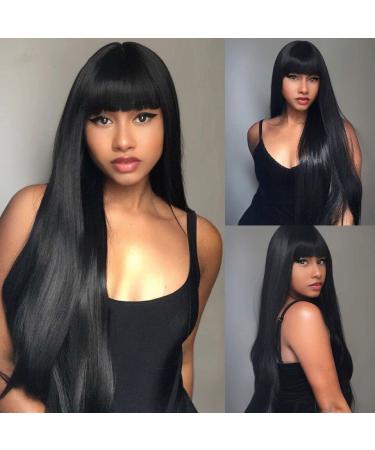 CONNIE Straight Brazilian Virgin Human Hair Wigs With Bangs 180% Density 18 Inch None Lace Front Wigs Glueless Machine Made Wigs for Black Women Natural Color