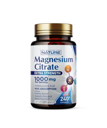 Magnesium Citrate 1000mg - Max Absorption & High Potency Magnesium Complex Supplement for Heart Muscle Nerve Bone Health & Stress Relief - Non-GMO Gluten-Free - 240 Vegan Capsules 240 Count (Pack of 1)