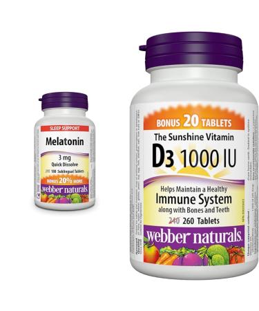 Webber Naturals Melatonin 3 mg 180 Quick Dissolve Tablets For Sleep Support Vegetarian & Vitamin D3 1000 IU 260 Tablets For Healthy Bones Teeth and the Maintenance of Good Health