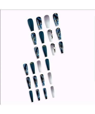 24 Pcs Long Coffin Dark Blue Press on Nails with Rhinestone and Gold Sequins - Gradient Matte Full Cover False Nails for Women and Girls - Buy Online on GoSupps.com