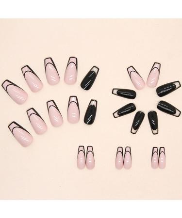 Ceboic 24Pcs Square False Nails Medium Black Pink French Press on Nails | Nude Removable Glue Stickers | Ballerina Acrylic Full Cover Stick on Nails for Women and Girls - Black & Pink - Buy Online on GoSupps.com