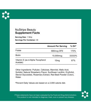 NuStrips Beauty in a Strip | Oral Strips with Biotin, Folate, Vitamin E | Vegan, 100% Natural | 30 Individually Wrapped Strips - Buy Online on GoSupps.com