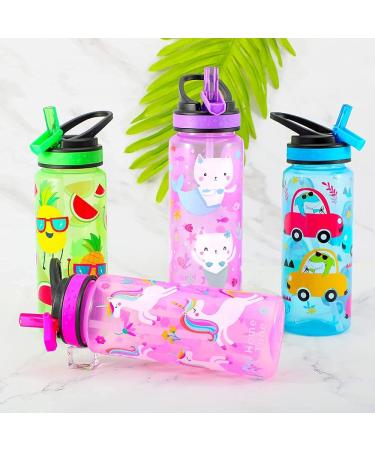 Home Tune 23oz Kids Water Drinking Bottle 2 Pack - BPA Free Flip Straw Lid Cap Lightweight Carry Handle Leak-Proof Water Bottle with Cute Design For Girls & Boys - Dinosaur & Fruit - Buy Online on GoSupps.com