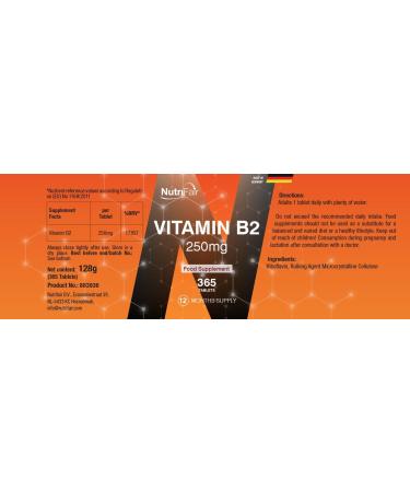 Vitamine B2 250mg - 365 comprim s de 250mg chacun - Riboflavine - Hautement dos - 100% v g talien - Fabrication allemande et test en laboratoire - NutriFair | Premium & Fair - Buy Online on GoSupps.com