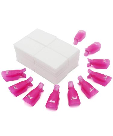 Jiulory Nail Polish Remover Clips Set 10 + 1000 PCS Soak Off Nail Gel Polish Remover Clip Caps 1000 PCS Lintfree Nail Wipes Cotton Pads Wraps for UV Gel Acrylic Nail Polish Removal (Rose Red)