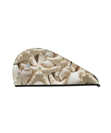Microfiber Hair Drying Cap Starfish and Sea Shells Hair Towel Cap Soft Absorbent Hair Towel Towel Wrap with Button Quick Dry Fast Drying Hair Capsfor Curly Long & Thick Hair