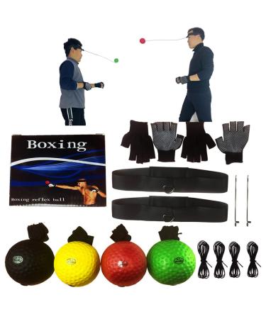 Boxing Reflex Ball Headband Set for UFC MMA Boxing Free Combat Kickboxing Training Recreation Balls kit Includes 4 Balls+4 Spare Lines+2 Headbands+2 Thread Needle +2 Gel Gloves for All People