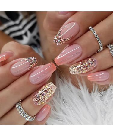 Orange Ombre Press on Nails Short Medium Coffin Fake Nails with Glitter Design Glue on Nails for Women Girls Acrylic Ballerina False Nails Stick on Nails Press on Nail for Wedding 24Pcs Gradient Orange A01