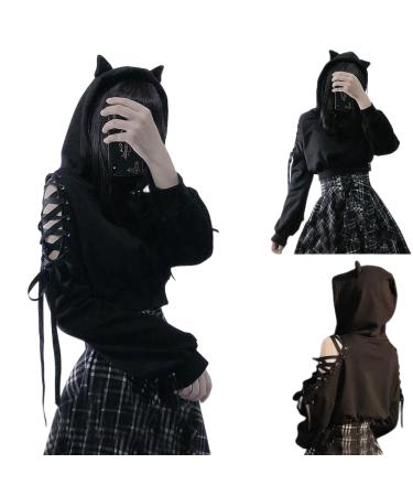 Long Sleeve Cat Hoodie for Teen Girls Y2k Cute Cat Ear Pullover Gothic off Shoulder Lace Up Sweatshirts Crop Tops A Black XX-Large
