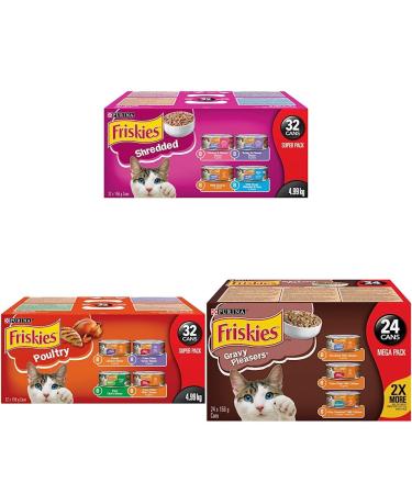 Friskies Purina Shredded Super Pack Cans Cat Food 156 g & Purina Friskies Poultry Super Pack 32-156 g cans & Purina Friskies Gravy Pleasures 156 g (Pack of 24)