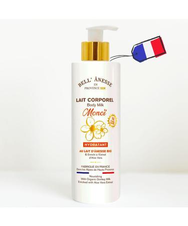 Monoi moisturizing body lotion with fresh organic donkey milk + aloe vera. Made in France. All skin types. Pump bottle 250 ml