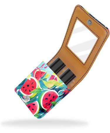 Travel Lipstick Organizer Case | Portable Makeup Bag with Mirror | Cartoon Leaf & Sea Watermelon Design - Buy Online on GoSupps.com