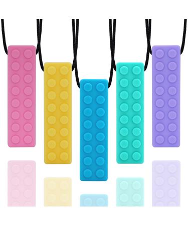 Chewy Necklaces for Sensory Kids Building Block Chew Necklace Bundle for Boys and Girls with Teething ADHD Autism Biting Needs Silicone Oral Motor Aids Chewy Teether Fidget Toys for Adults 5 Pack