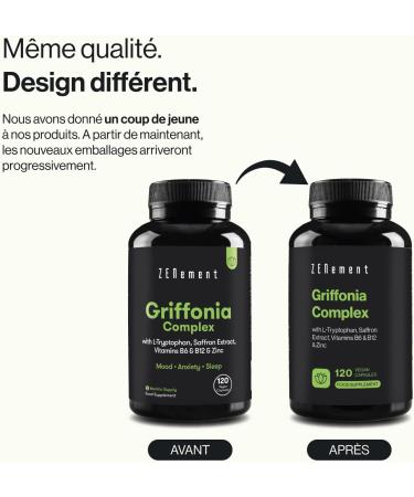 Griffonia with L-Tryptophan Saffron Extract Vitamins B6 B12 and Zinc - 120 Vegan Capsules - Laboratory Tested - Nervous System Psychological Function - No Additives No GMO - Zenement - Buy Online on GoSupps.com