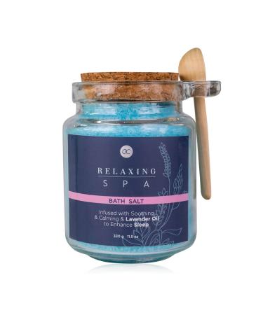 Accentra RELAXING SPA bath salt in a glass jar with cork stopper and wooden spoon bath crystals enriched with lavender oil