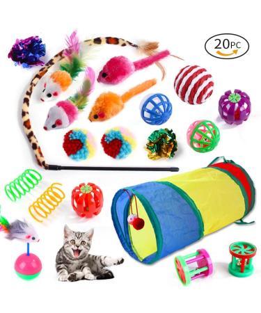 Wefine 20 Pcs Cat Toys for Indoor Kitten Collapsible Cat Tunnel for Indoor Cat Interactive Cat Feather Wand Ball Spring Mice Toy for Cat Puppy Kitty Kitten 20pcs Rainbow - Buy Online on GoSupps.com