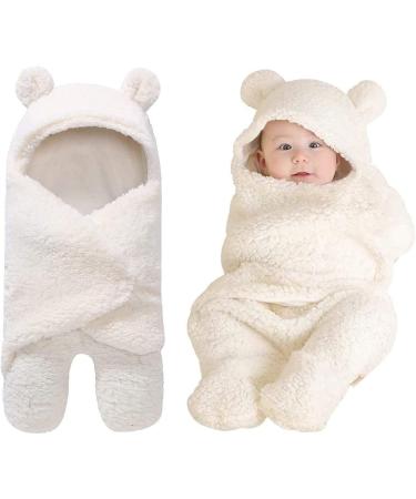 Baby Hooded Swaddle Blanket Yinuoday Newborn Baby Receiving Blanket Fleece Swaddle Sleeping Bag Sack for Baby Boys and Girls (White)