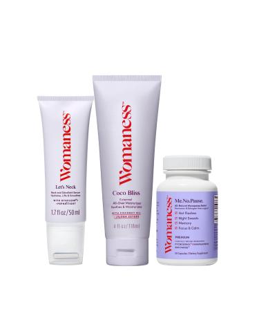 Womaness Menopause Cycle Kit - Coco Bliss - External Body Cream (4oz) + Me.No.Pause - Perimenopause & Menopause Supplements + Let's Neck - Firming & Decollete Wrinkle Serum (1.7 Fl Oz) + 3 Products