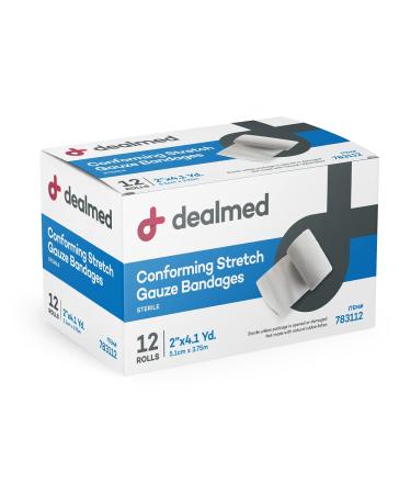 Dealmed 2" Sterile Conforming Stretch Gauze Bandages, 12 Gauze Bandage Rolls, 4.1 Yards Stretched Gauze Rolls, Wound Care Product 2 Inch (Pack of 12)