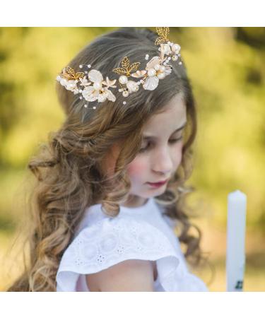 Campsis Wedding Pearl Flower Girl Headpiece Gold Starfish Leaves Princess Girl Headband for Communion Alloy Seashells Wedding Hair Accessories Prom Birthday for Women Girls