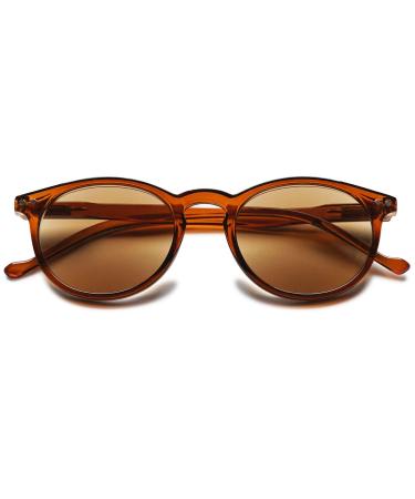 Lanomi retro round reading glasses Blue light filter with sun reader brown/gray lens uv400 protection reading help women men sun glasses with visual strength brown frame brown lens 2.0 dioptria
