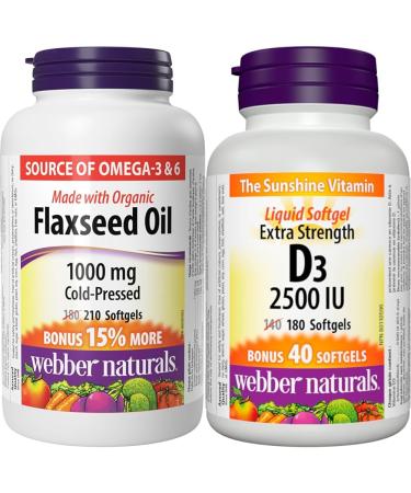 Webber Naturals Flaxseed Oil 1000 mg 210 Softgels Plant Source Omega-3 For Heart Brain & Vitamin D3 2500 IU Extra Strength 180 Softgels For Healthy Bones Teeth