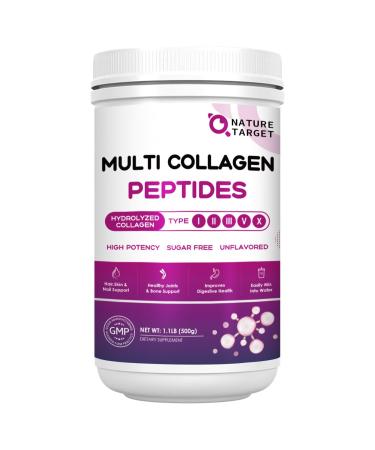 NATURE TARGET Multi Collagen Peptides Powder - Type I II III V X - Hydrolyzed Collagen Peptides with Vitamin C Hyaluronic Acid Supports Skin Hair Nail & Joint Grass-Fed Non-GMO 50 Servings