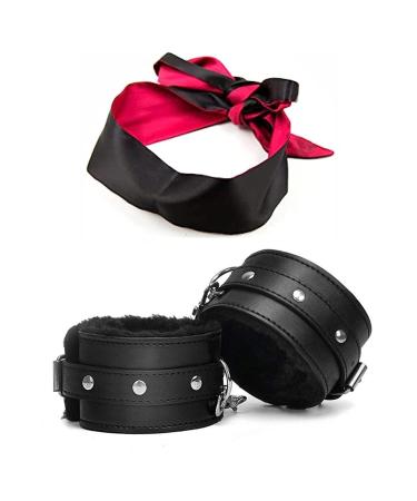 Adjustable Fluffy Handcuffs - Satin Eye Blindfold Mask - Eye Satin Mask - Faux Leather Fluffy Handcuffs
