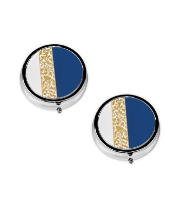 (Gold Blue White) Round Pill Box 3 Compartment Pill Box Mini Decorative Pocket Purse Portable Travel Medicine Tablet Vitamin Holder Organizer Pill Case