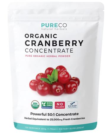 USDA Organic Cranberry Concentrate (50:1) Powder - 500mg is Equivalent to 25000mg of Fresh Cranberries - for Kidney Cleanse  UTI Support Vitamins - Women - Supplement - 100 Servings - No Pills