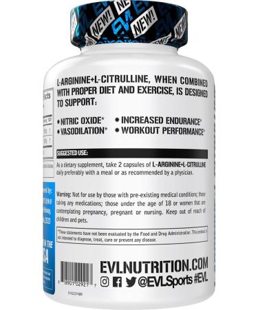 Evlution Nutrition L-Arginine + L-Citrulline - Endurance + Workout Performance Supplement - 1000mg Complex - Vasodilation + Nitric Oxide Support - Vegan + Gluten Free Capsules - 60 Servings - Buy Online on GoSupps.com