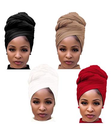 CLSHES Headwraps for Black Women 4 Pieces Stretch Jersey Head Wrap Knit Turban Urban Hairband Scarf Fashion Headband Super Soft Hair Wraps for Women (4pcs-Black White Camel Wine Red)