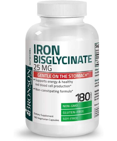 Iron Bisglycinate 25mg - Gentle on Stomach - Supports Energy & Red Blood Cell Production - Non-Constipating - Non GMO - 180 Vegetarian Capsules - Buy Online on GoSupps.com