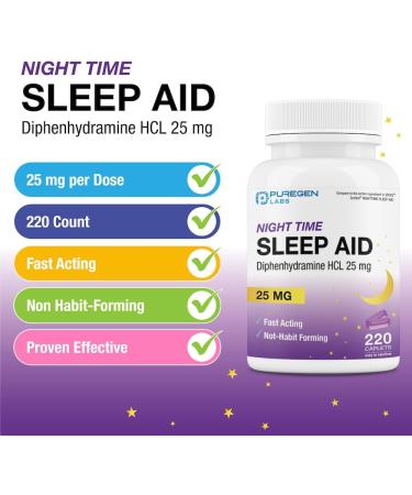 Puregen Labs Sleep Aid Caplets - 25mg Diphenhydramine HCl 220 Count | Non Habit-Forming Supports Deeper Sleep | Made in USA - Buy Online on GoSupps.com