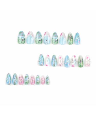 Buy BABALAL Almond Press on Nails - Medium Blue Green Acrylic Stiletto Nails with Cute Cat Flower Design - 24Pcs Handmade Glue on False Nails - Buy Online on GoSupps.com