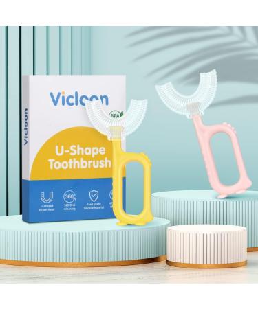 Vicloon Kids U Shaped Toothbrush Set - 2 Pack Silicone Brush Head, Non-Slip Handle - Light Yellow & Pink (Ages 7-12) - Buy Online on GoSupps.com