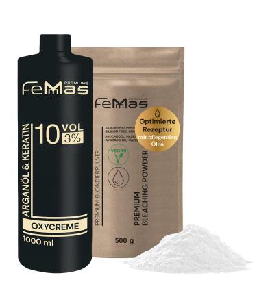 Femmas Bleaching Powder Set Vegan & Developer 3 Percent Ultra Strong & Dust-Free with Nutrient Rich Oils I Hair Bleach Kit for Home in Salon Quality I Bleaching of 7-9 Tone Levels - 17.6 Oz - 35.2 Fl Oz