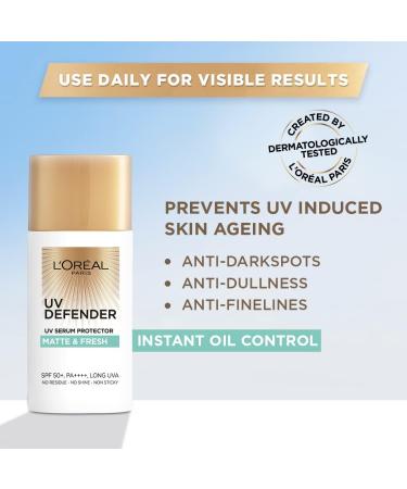 L Or al Paris Sunscreen Lightweight Matte Sunscreen For Oily Skin UVA & UVB Protection With SPF 50 PA+++ Matte & Fresh UV Defender Serum Protector 50 ml - Buy Online on GoSupps.com