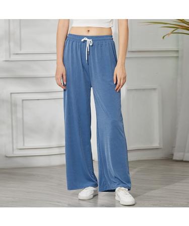 Shop Hansee Clearance Women's Casual Yoga Pants Elastic Waist Wide Leg Breathable Cotton Perfect for Summer & Beach Regular Fit Monochrome Blue - Buy Online on GoSupps.com