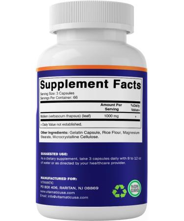 Vitamatic Mullein Leaf 1000mg per Serving - Supports Healthy Respiratory, Bronchial & Immune Function - 200 Capsules - 2 Pack - Buy Online on GoSupps.com