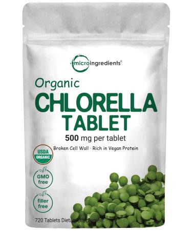 Organic Chlorella Tablets, 500mg Per Tablet, 720 Tabs (360 Grams), 4 Months Supply, Broken Cell Wall, Rich in Vegan Protein & Vitamins, No Filler, No Additives & Non-GMO | Pure Green Algae Superfood 720 Count (Pack of 1)