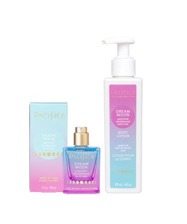 Pacifica Beauty | Dream Moon Spray Perfume  Hand + Body Lotion | Natural + Essential Oils | Pink Rose  Sandalwood  Patchouli Notes | Shea Butter Moisturizer | Vegan + Cruelty Free