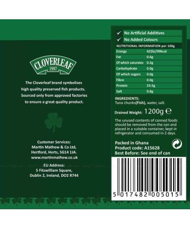 Cloverleaf Tuna Chunks in Brine Tin Foods Fish Large Catering Can Pack 1.705kg | Drained Weight 1.2 KG | Ideal for Event Caterings & Salads | Sold by Essential Products - Buy Online on GoSupps.com