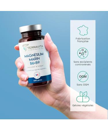 MARINE MAGNESIUM + Vit B6 B9 | 300mg of Magnesium Element per Capsule | 100 Days of Cure | Fights Stress and Fatigue | Improves Sleep | 100 Organic Capsules Made in France | Terravita - Buy Online on GoSupps.com